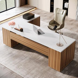 85.8-Inch L-Shaped Executive Office Desk with File Drawers & Storage Cabinet, Professional Corner Computer Desk Extra Large (White&Walnut)
