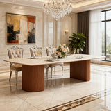 Tribesigns 78.74" Travertine Slab Dining Table for 8-10, Modern Horse Belly Dining Table, Luxury White & Brown Kitchen Table