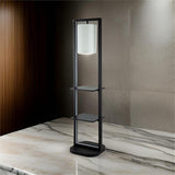 Benjara 74" Floor Lamp with 2 Shelves- Round Lampshade- Black Iron- White