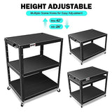 3-Layer Utility Steel AV Cart with Wheels Power Strip, 35" x 25" x 24"-42" Height Adjustable Rolling Projector Cart