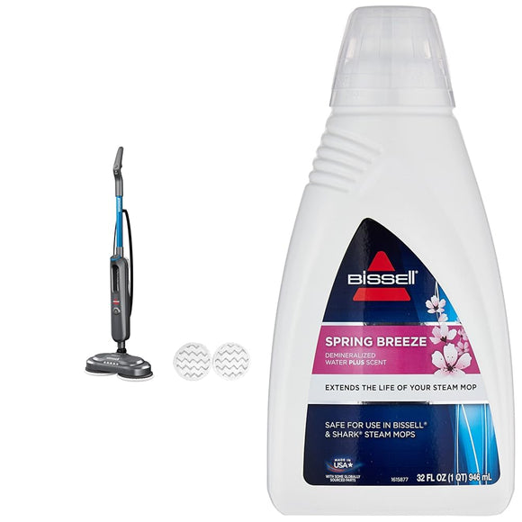 Bundle of BISSELL SpinWave SmartSteam Scrubbing Steam Mop with Rotating Mop Pads + Bissell Spring Breeze Demineralized Water 32 oz, 1394, White Bissell