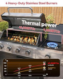 Aoxun 4-Burner Propane Grill with Side Burner, 49000 BTU Gas Grill, Stainless Steel Outdoor Grill with Cast Iron Grates，Black