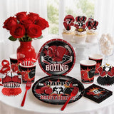 Boxing Party Decorations, All-in-one Boxing Party Supplies Includes Banner, Cake Toppers, Paper Plates, Napkins, Cups, and Tablecloth, Easy Setup Fight Night Boxing Match Party Decor, Serves 25