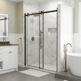 Bathenum 60.in W x 72.in H Frameless Shower Door Single Sliding, 1/4 inch Thick Clear Tempered Glass Shower Door with Zinc Roller Rail System, Stainless Steel Handle, Matte Black