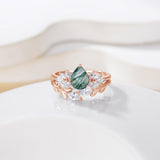 Moss Agate Engagement Ring set Engraving Text Moss Agate Wedding Ring Set Gold For birthday Promise ring Chirstomas (Rose gold)