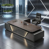 Modern L-Shaped Executive Desk with Drawers, Wooden Office Desk with Hidden Power Outlet