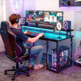 48 inch Gaming Desk with LED Lights & Power Outlets, Computer Desk with Monitor Stand & Storage Shelves, CPU Stand, Home Office Desk, Black