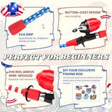 WIDDEN Kids Fishing Pole - Portable Telescopic Fishing Rod Set with Spincast Reel, Net, Bucket and Tackle Box - Patriotic American Flag Fishing Gear for Boys Girls Youth - 4th of July Gift