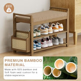 Homaxy 2-Tier Shoe Rack Bench with Side Holder, 28.2 in Bamboo Entryway Bench, Shoe Rack Organizer with Cushion for Front Entrance, Hallway Living Room Bedroom, Walnut and Light Brown