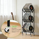 Mobile Vinyl Record Storage Rack with Wheels, 3-Tier Matte Black Book Cart & LP Display Stand