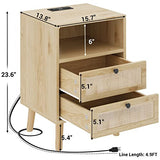 AOGLLATI Rattan Nightstand with Charging Station, LED Night Stand for Bedroom, Wood End Table with USB Ports, Boho Bedside Table with 2 Drawers, Natural