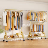 JIEJIERUI Heavy Duty Clothes Rack for Hanging Clothes, Double Rods Clothing Rack with Lockable Wheels, Rolling Garment Racks, Gold