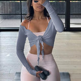 Talakeno Womens Ballet Wrap Tops Cropped Long Sleeve Self Tie Front Shirt Y2K Workout Yoga Pilates Dance Cover Up Blouse(Blue,S1)