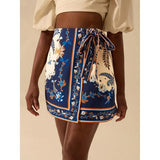 Talakeno Womens Summer Floral Wrap Short Skirt Tie Side High Waist A Line Beach Vacation Boho Mini Skirt(Dark-Blue,M)