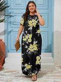 AusLook Plus Size Maxi Dresses for Women Summer Casual Long Dress Short Sleeve Crew Neck Flowy Split Beach Black Golden Floral 2X Sundress Vacation T Shirt Dress with Pockets