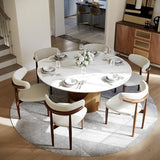 Round Dining Table for 6, Glossy White Sintered Stone Dining Tabletop with Bronze Carbon Steel Pedestal