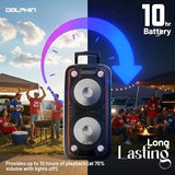 Dolphin Dual 10" Bluetooth Party Speaker - 1000W Big Speaker with 2 Wireless Microphones, Powerful Bass, Multicolor LED Lights, Tailgate Ready, Portable with Wheels & Handle, Long-Lasting Battery