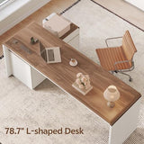 78.7 Inch Large L Shaped Desk with Drawers, White & Walnut, 2 Pack