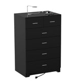 FJTJBSI Dresser with Power Outlets Wooden 6 Drawer Dresser with Large Organizer Black Tall Storage Organizer with Smooth Metal Rail Modern Chest of Drawers Closet for Bedroom Hallway