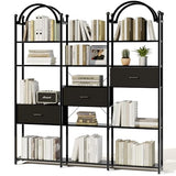 Triple Wide 6 Tier Bookshelf, Black Arched Bookcase with 16 Open Display Shelves and 3 Fabric Storage Drawers,