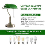 Liylan Banker Desk Lamp Green Glass, Antique Desk Lamps with Brass Base, Traditional Library Table Lamp with USB A and Type C Charging Port