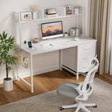 DLisiting White Computer Desk with Hutch & Drawers - Office Desk with 3 Storage Drawers and Power Outlets