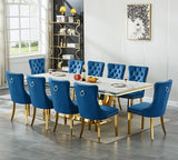 94.5" Large Marble Dining Table Set for 10, Luxury White Gold Kitchen Table with 10 Blue Velvet Dining Chairs
