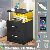 AOGLLATI Nightstand with Charging Station and LED Lights, Nightstands Set of 2, Bedside Table with Open Storage and 2 Drawers, 2 USB Ports, 2 Outlets, Modern End Side Table for Bedroom, Black