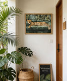 Framed Trendy Cheetah Wall Art Funky Leopard On Emerald Green Sofa Picture Wall Decor Eclectic Wildlife Poster Print for Living room Bedroom Home Decoration 12x16in