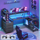 YOMILUVE L Shaped Gaming Desk with Drawers & Storage Shelves, Corner Gaming Desk with Power Outlets & LED Light, Reversible Computer Desk with Monitor Stand & Hooks, Carbon Fiber Black