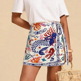 Talakeno Womens Summer Floral Wrap Short Skirt Tie Side High Waist A Line Beach Vacation Boho Mini Skirt(Navy-Blue,M)