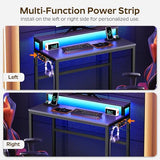 Small Computer Desk with Charging Station and LED Lights, Gaming Desk with Monitor Stand, 2-Tier Home Office Desk, Black