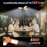 AKOFUN 15000 mAh Rechargeable Camping Light with Stand, Cordless Work Light with 3 LED Lamp Heads, 5500 Lumens Dimmable Camping Essentials Gear Emergency Flashlight with 86" Detachable Tripod, Orange