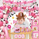 cocomigo 131Pcs My First Rodeo Decorations Girl, with Cowgirl Hat, Tablecloth, Photo Banner, Balloon Boxes, Backdrop, Balloon Arch, for Pink First Birthday Decorations for Girl