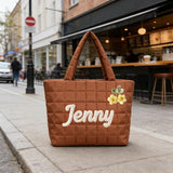 Personalized embroidered down travel bag, a quilted shoulder bag with customizable names and cute expressions. A gift for your best friend, a friend, or even a Mother's Day for your mother.