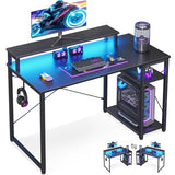 MOTPK 40 Inch Small Gaming Desk with Storage & Led Lights, Computer Desk with Shelf