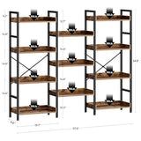 Rolanstar Bookshelf 4 Tiers with 4 Hooks, Triple Bookcase with Open Display Shelves, Industrial Wide Bookshelf