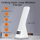 IHAO 6in1 Multifunctional Foldable LED Table Lamp with Wireless Charger Digital Alarm Clock Eye-Care Lighting 3 Color Modes 15W Qi Charger for Phone/Headphones, iWatch Charger Compatible-N61 White