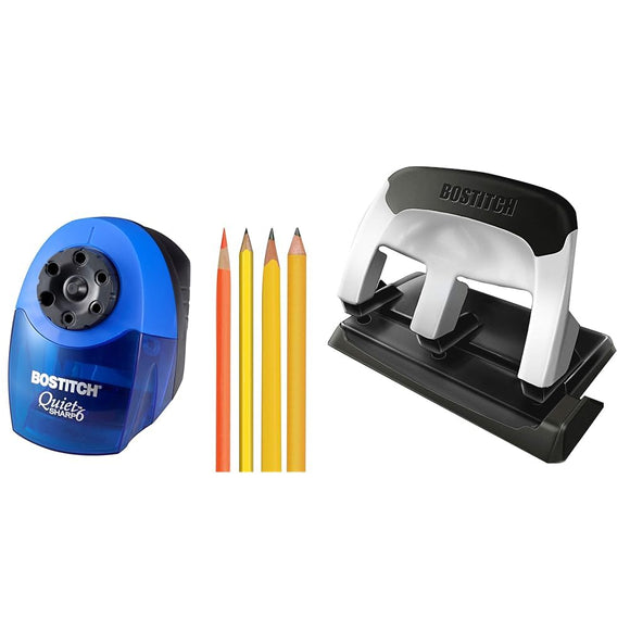 Electric Pencil Sharpener with 6 Sizes and 3 Hole Punch, 40 Sheet Capacity, EZ Squeeze Technology, Blue and Silver Bostitch