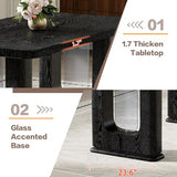 64.5" Dining Room Table Set for 6, 64.5" Modern Black Wood Grain Kitchen Table Set with Tempered Glass Inlay & Dual Pedestal Base