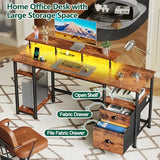 Furologee 61" Computer Desk with Power Outlet & LED Lights, Reversible Gaming Desk with File Cabinet, Rustic Brown