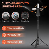AKOFUN 15000 mAh Rechargeable Camping Light with Stand, Cordless Work Light with 3 LED Lamp Heads, 5500 Lumens Dimmable Camping Essentials Gear Emergency Flashlight with 86" Detachable Tripod, Black