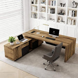 SAINTCY L-Shaped Executive Desk, Retractable Office Desk with Drawers