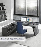 L-Shaped Black Executive Desk with Drawers, Large Modern Office Desk with Storage Cabinets