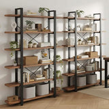 IBF 6 Tier Solid Wood Bookcase, Industrial Natural Real Wood Metal Tall Book Shelf