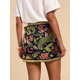 Talakeno Womens Summer Floral Wrap Short Skirt Tie Side High Waist A Line Beach Vacation Boho Mini Skirt(Black-Gold,L)