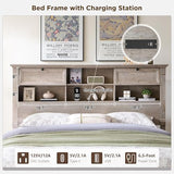 Queen Size Bed Frame 2 Drawer & 4 Storage Rack Headboard Charging Station | Farmhouse 54"Tall Storage Headboard