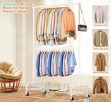 SLEEPING LAMB Double Rod Heavy Duty Clothes Racks for Hanging Clothes, Metal Rolling Garment Rack With Wheels Clothes Hanger Rack (White)