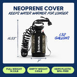 SUN NINJA Portable Shower, Camping Shower with 7 Mode Shower Head, Neoprene Cover Helps Keep Water Warm, High Pressure Hose, Easy to Carry (Camo, 1.3 Gallon)