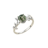 Oseew Natural Moss Agate Ring for Women 10K/14K/18K Solid Gold/Sterling Silve Round Cut Green Moss Agate Engagement Ring Personalized Wedding Promise Ring for Women(Silver)